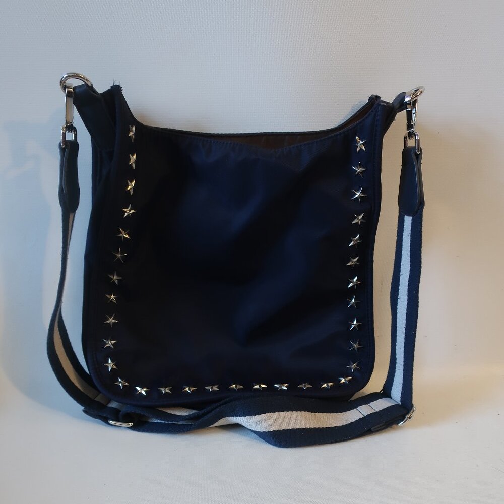 Womens Ahdorned Navy Blue Star Studded Nylon Crossbody Handbag